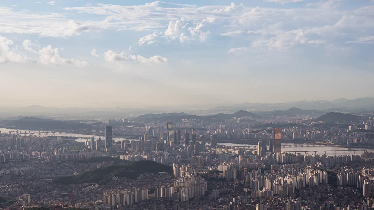 韩国首尔，从Gwanaksan山/ yeongdegpo -gu到Yeouido区的市中心和汉江风景视频素材