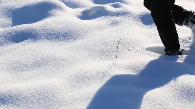 一个十几岁的男孩在深雪中行走。视频素材