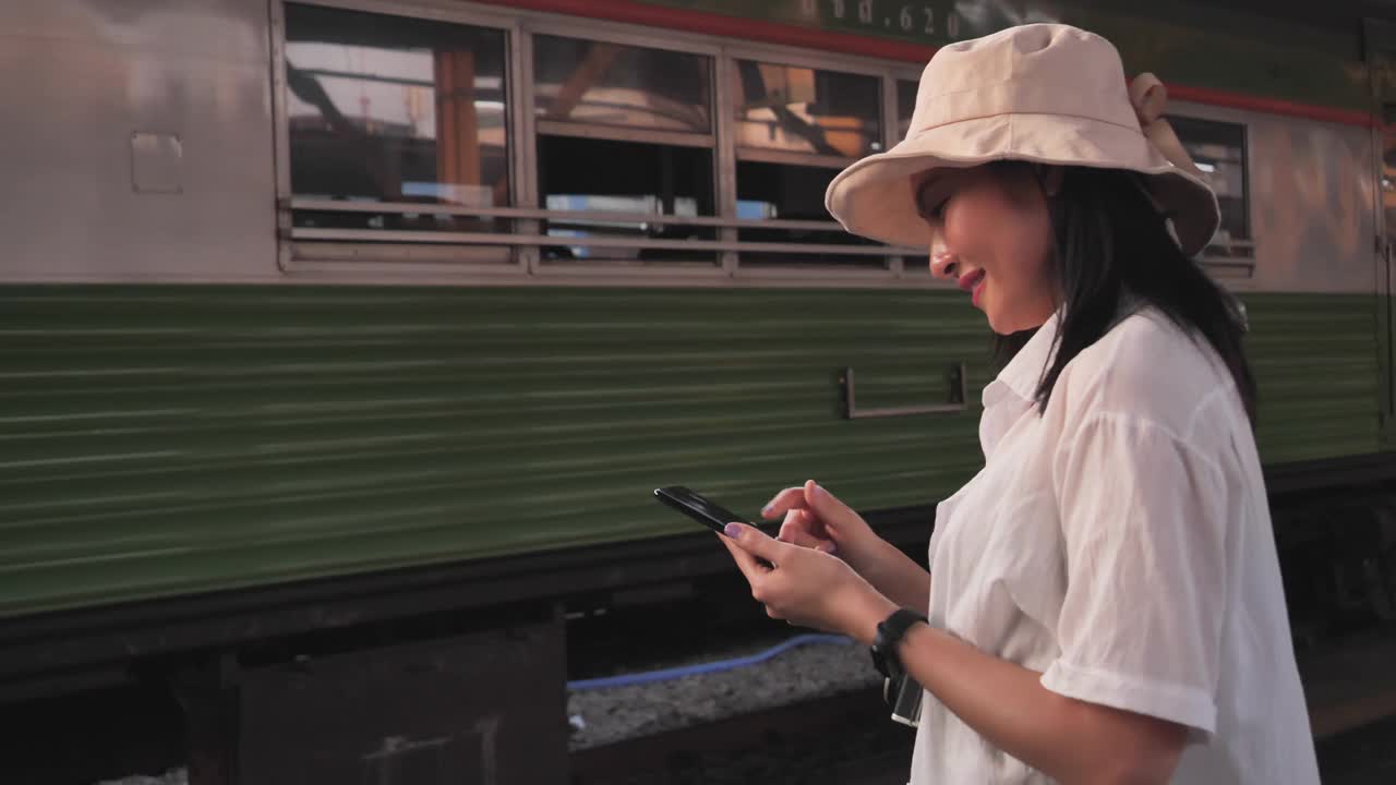 旅行家背包亚洲女人旅行在曼谷，泰国。快乐的年轻女性坐在长凳上用智能手机聊天，阅读和发短信在火车站。视频素材