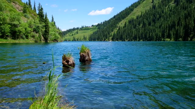 美丽的风景，以山为背景的Kolsai或Saty湖。暑假的概念。景区旅游的背景。在哈萨克斯坦旅游的概念。视频下载