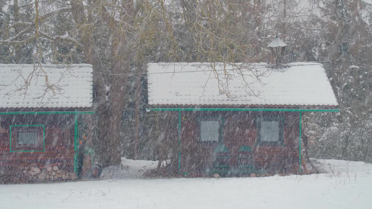 冬天，房子周围的花园下雪视频素材