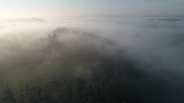 森林被雾包围的鸟瞰图，Frankenhöhe，巴伐利亚，德国。视频素材