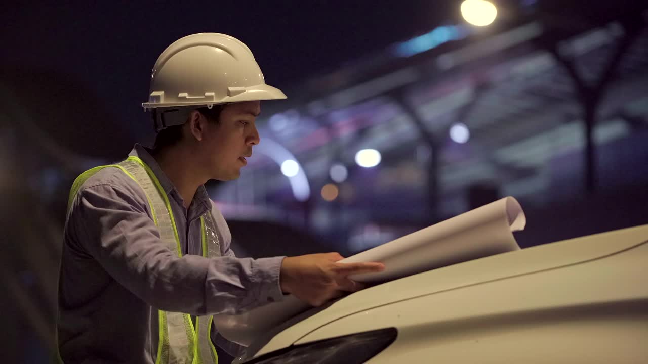 土建工程师在施工现场检查建筑师图纸。视频素材