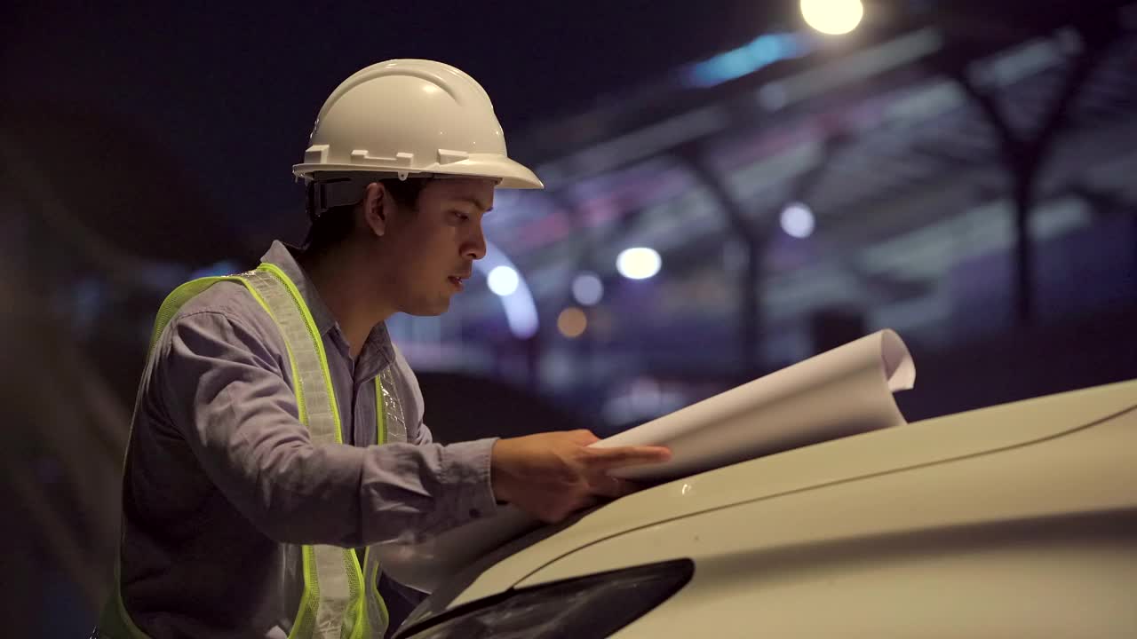 土建工程师在施工现场检查建筑师图纸。视频素材