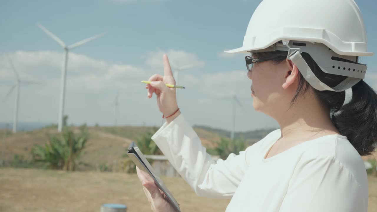 女性工程师在风力涡轮机前用数字平板电脑。视频素材