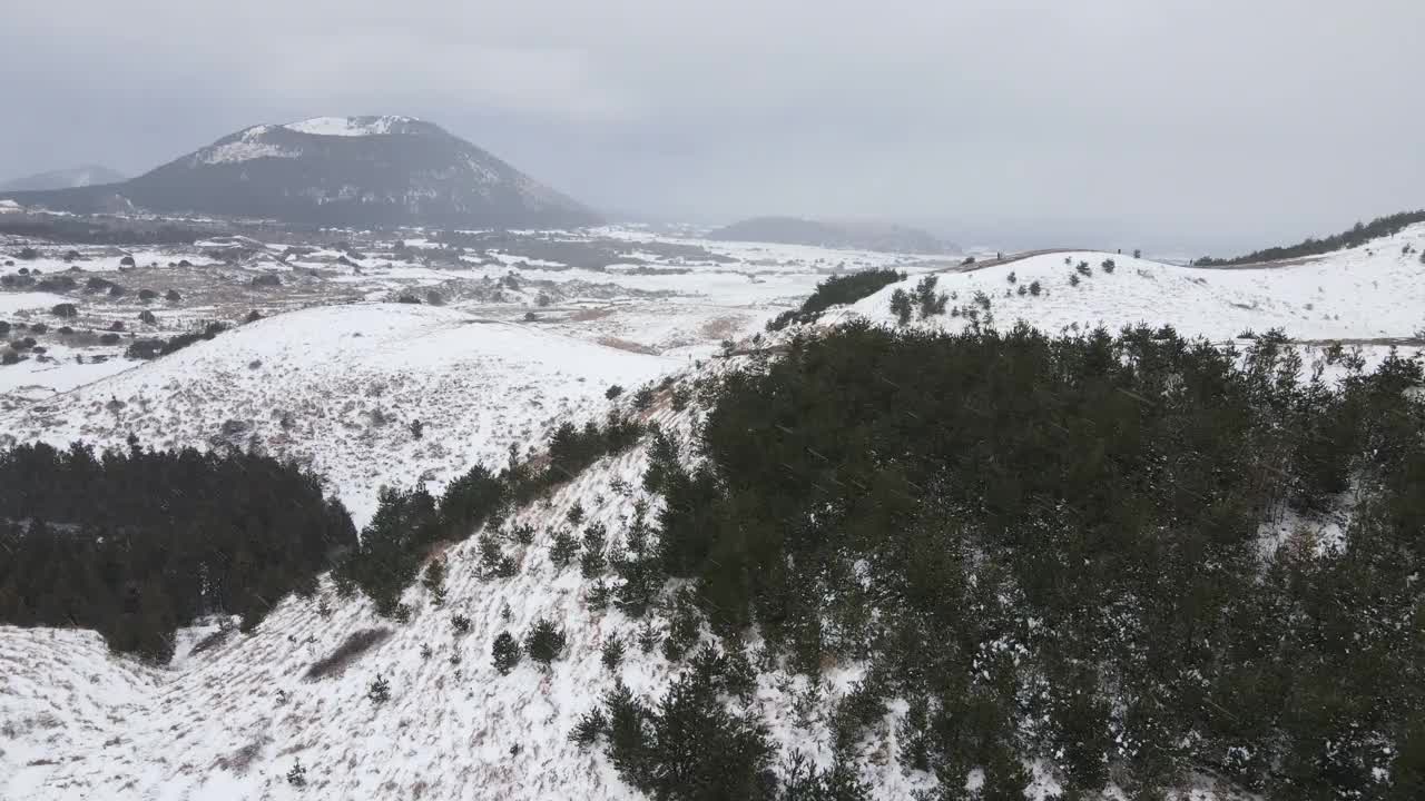 韩国济州岛济州岛古日瓦县永努尼火山(寄生火山)的雪景视频素材