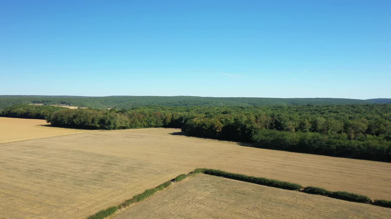 在法国勃艮第Nièvre的Cuncy les Varzy村，夏日和阳光明媚的一天，收获后的麦田和Mhers hammeau的绿色森林。视频素材