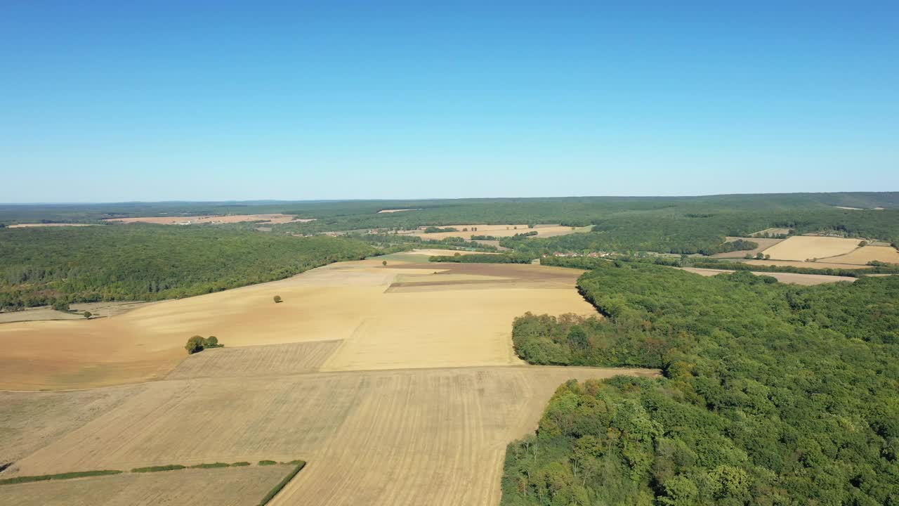 在法国勃艮第Nièvre的Cuncy les Varzy村，夏日和阳光明媚的一天，收获后的麦田和绿色的森林。视频素材