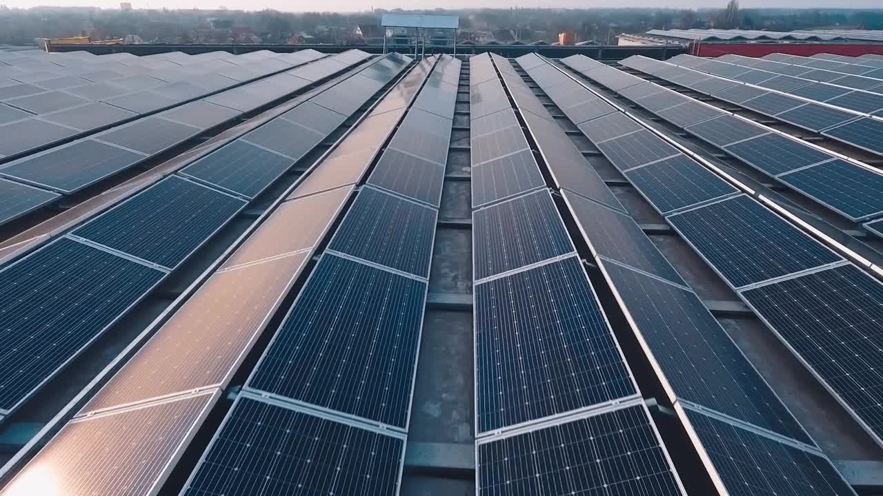 屋顶太阳能。覆盖整个建筑物屋顶的太阳能电池板鸟瞰图视频素材