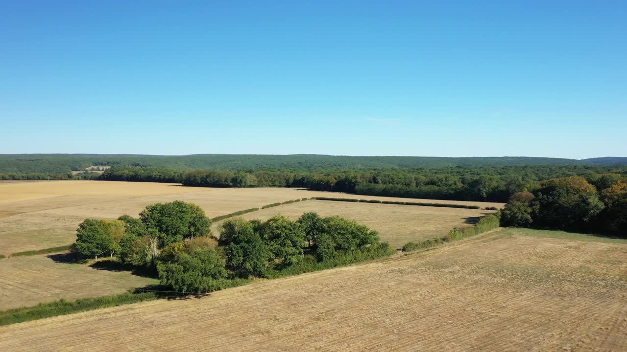 在法国勃艮第Nièvre的Cuncy les Varzy村，夏日和阳光明媚的一天，收获后的麦田和Mhers hammeau的绿色森林。视频素材