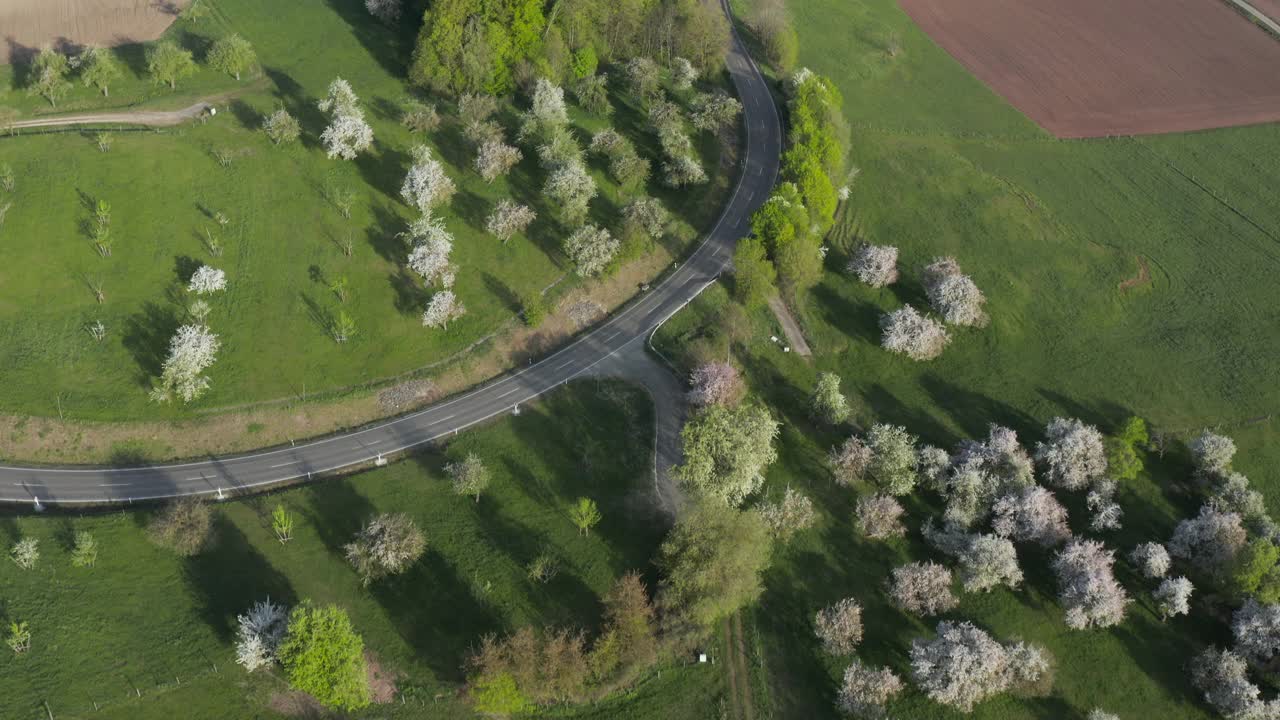 鸟瞰图道路与交通和草地与果树，德国视频素材