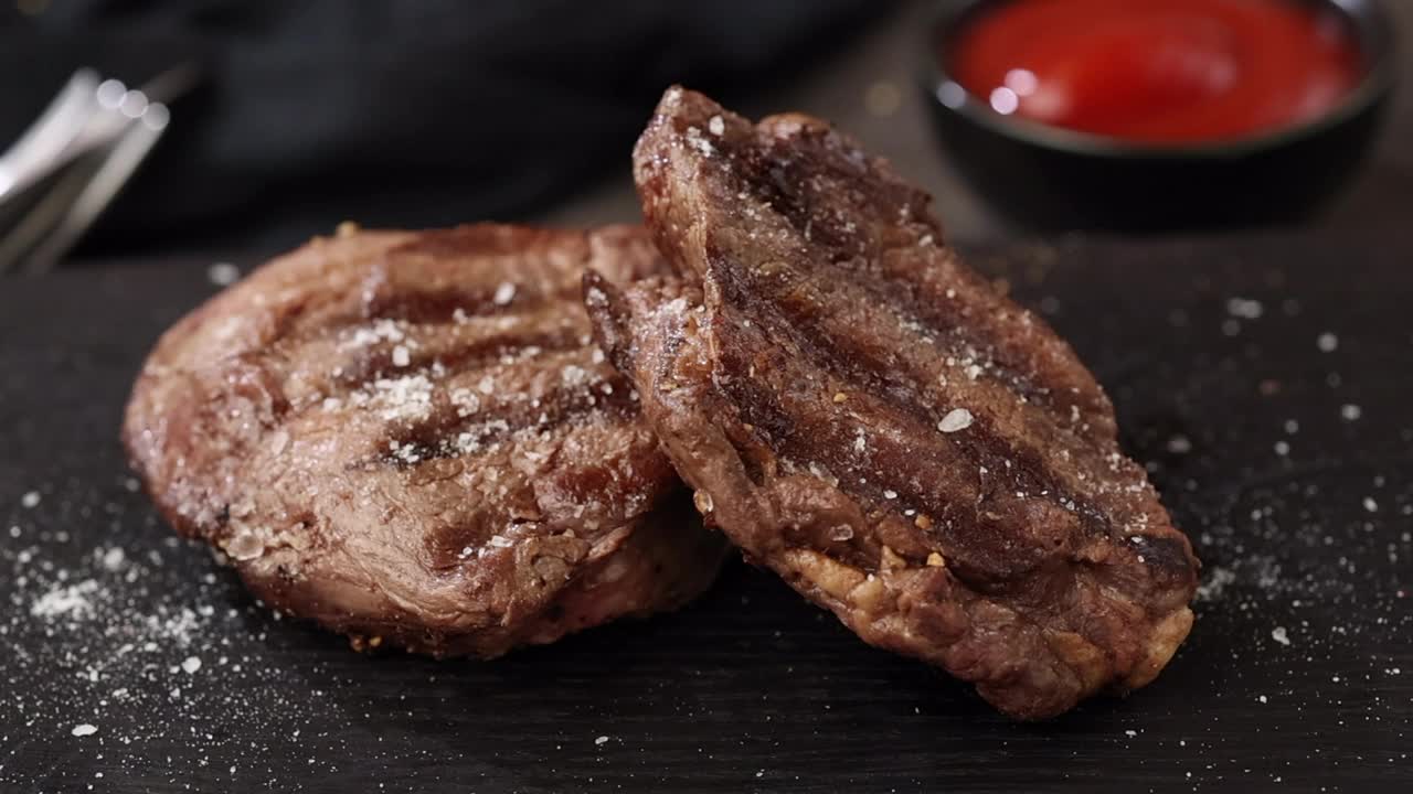 胡椒落在新鲜的烤牛柳牛排肉黑石餐厅盘。烹饪时加入百里香慢动作视频素材