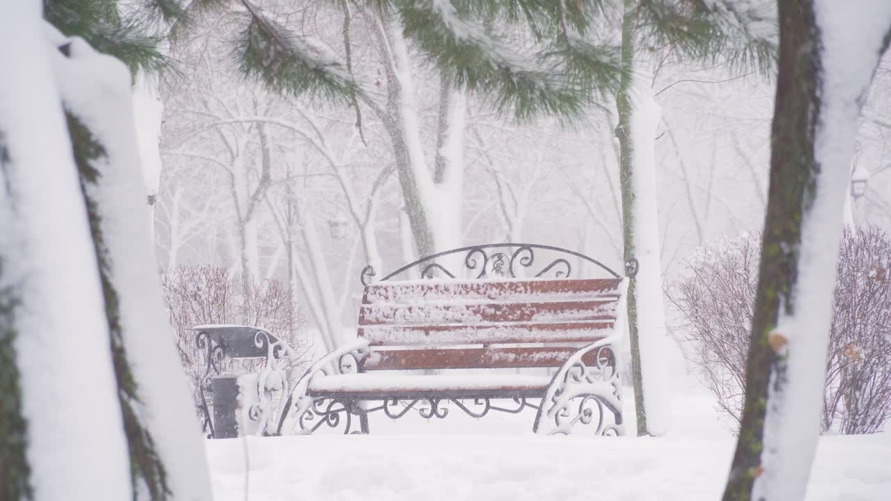 冬天的城市公园里，长椅上覆盖着雪和雪花视频素材