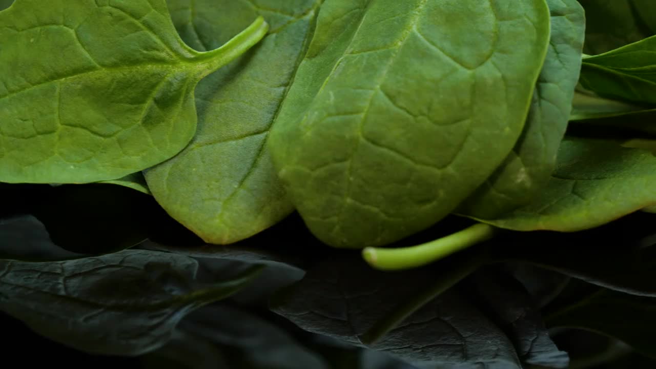 新鲜的菠菜叶堆在一起旋转。一堆新鲜的菠菜嫩叶。健康的绿色食品。视频素材