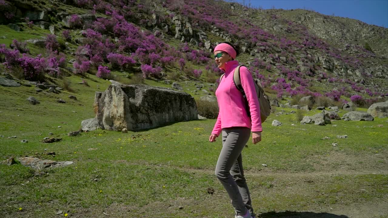 旅行家女人背着背包走在高山的花山上视频素材