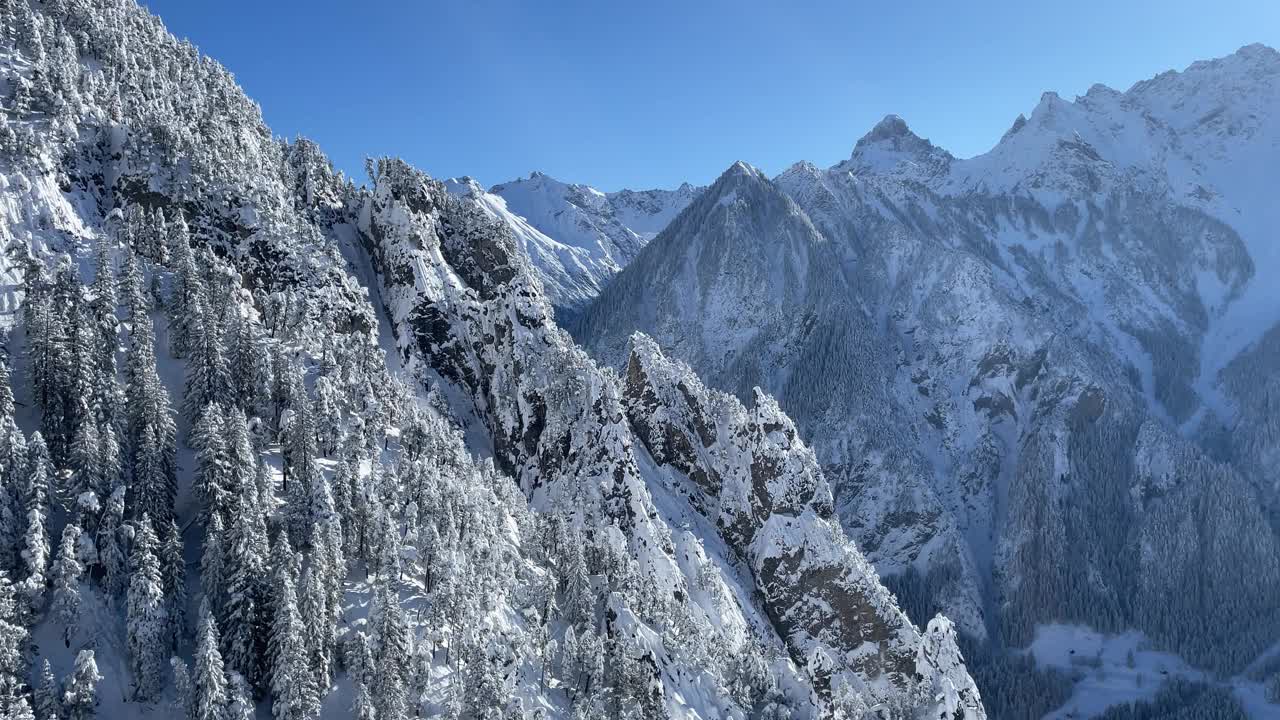 有积雪覆盖的山脉和树木的冬季景观视频素材