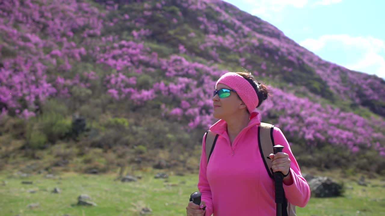 旅行家女人背着背包走在高山的花山上视频素材