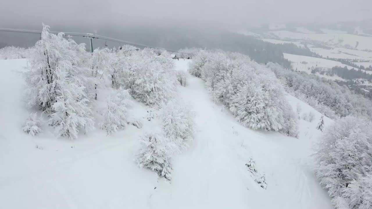 滑雪场的顶视图，度假者滑雪和滑雪的斜坡。电梯把人们送到顶楼。视频素材