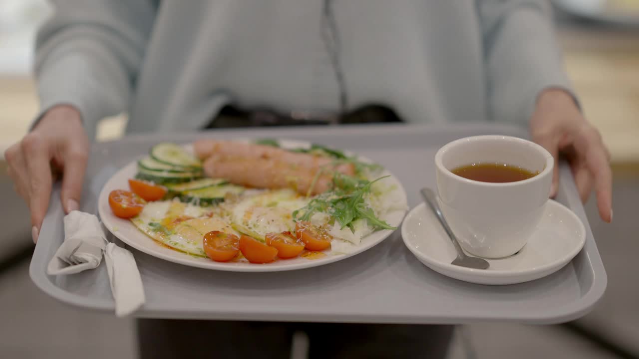 盘子上有英国早餐和一杯茶托盘在女性白种人的手中。难以辨认的年轻苗条的女人走在自助餐厅的食物。节食与餐饮理念。视频素材