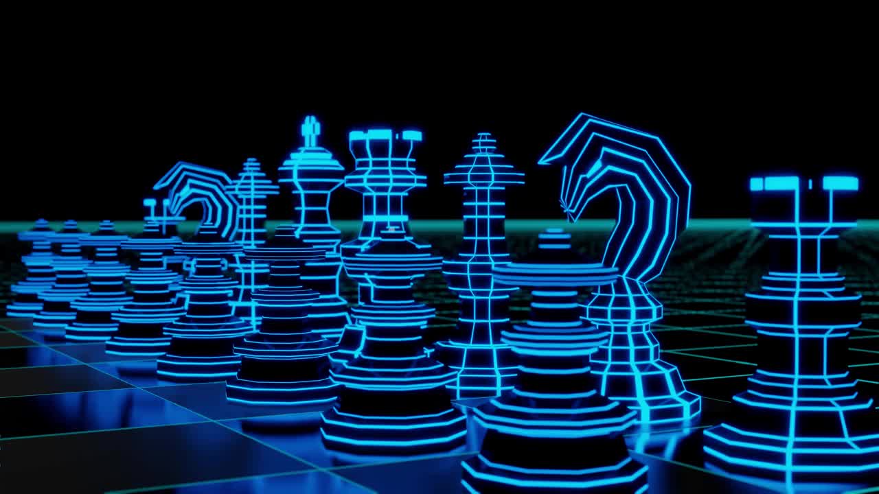 商业战略构想未来发光霓虹灯象棋棋盘游戏3D渲染视频素材