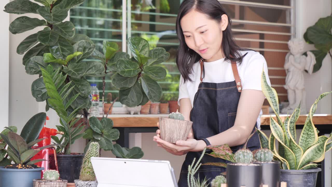 女企业家工作与笔记本电脑在家中在线直播室内植物，销售在线概念视频素材