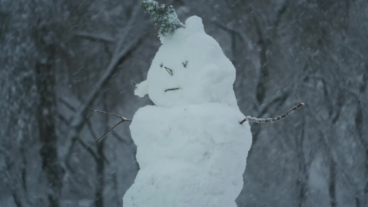 快乐有趣的雪人男孩，背景是一场大雪。视频素材