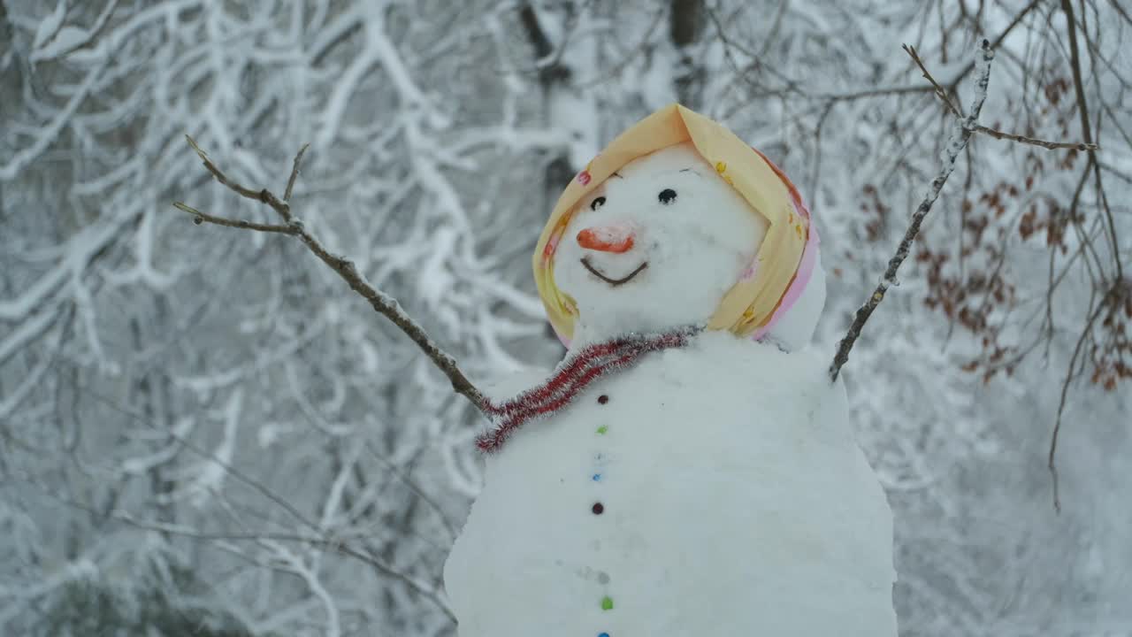 快乐有趣的雪人女孩，背景是一场大雪。镜头缩放视频素材