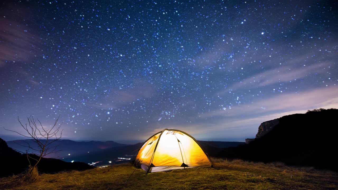 闪烁的星空下，山间闪闪发光的露营帐篷。Cinemagraph。视频素材