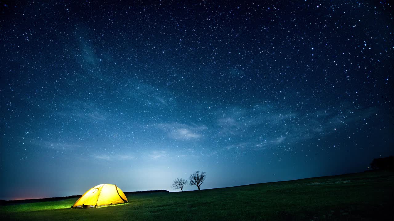 在闪烁的星空下，夜山中闪闪发光的露营帐篷。Cinemagraph。视频素材