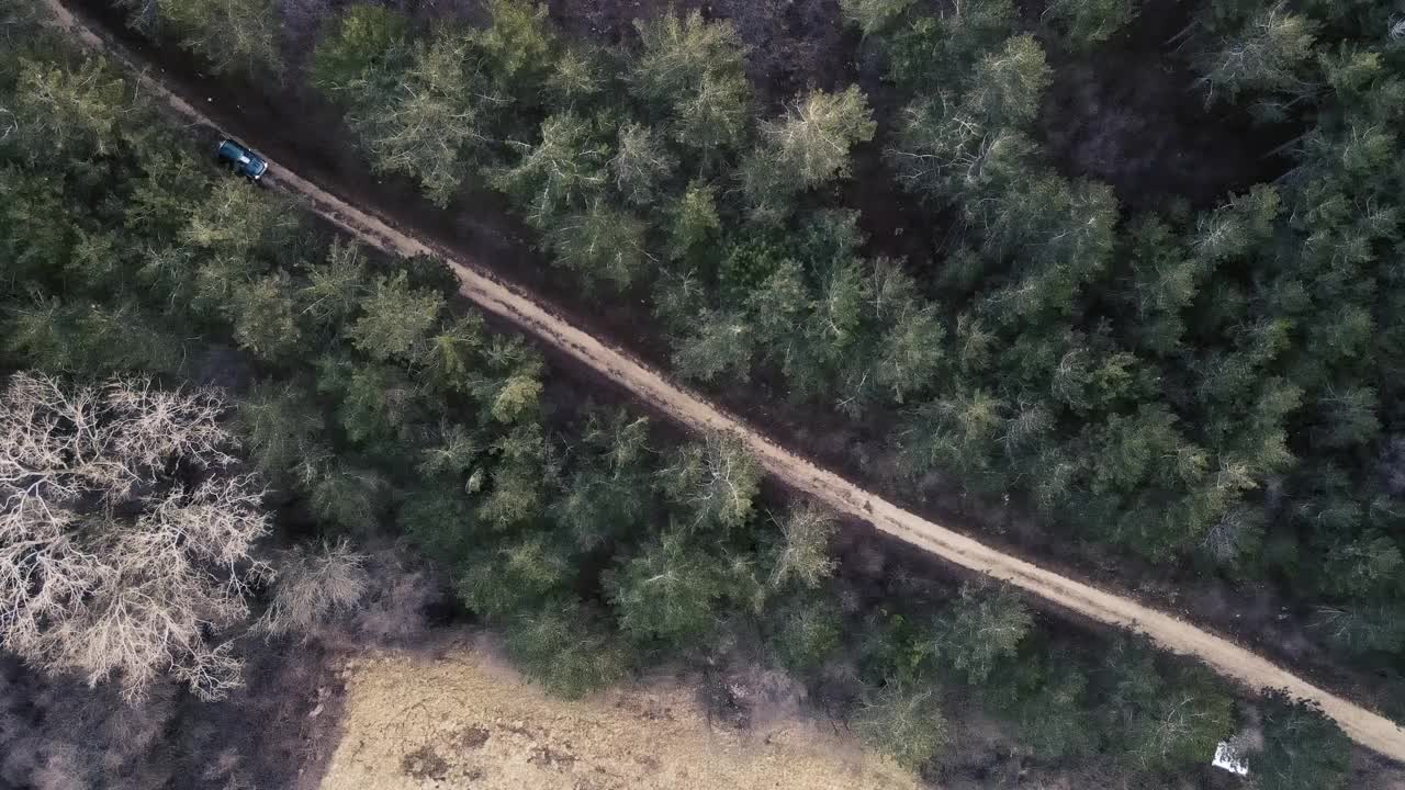 鸟瞰图一辆越野车行驶在泥土路通过自然视频素材