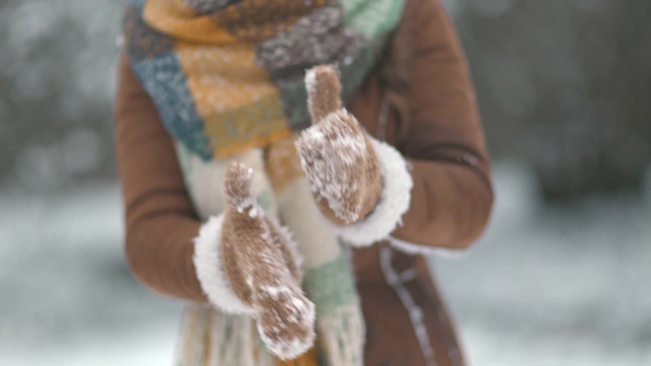 女性在城市公园在冬天清洁下雪的手套视频素材