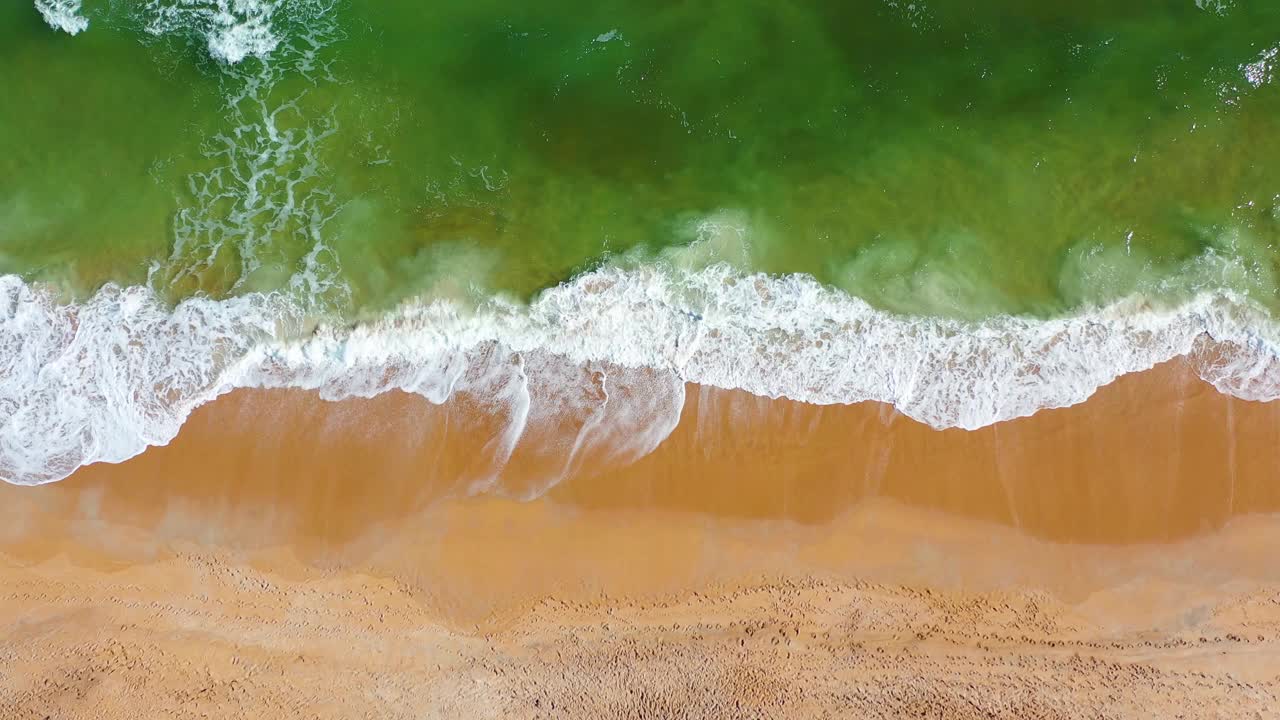 鸟瞰清澈的绿色海浪和沙滩视频素材