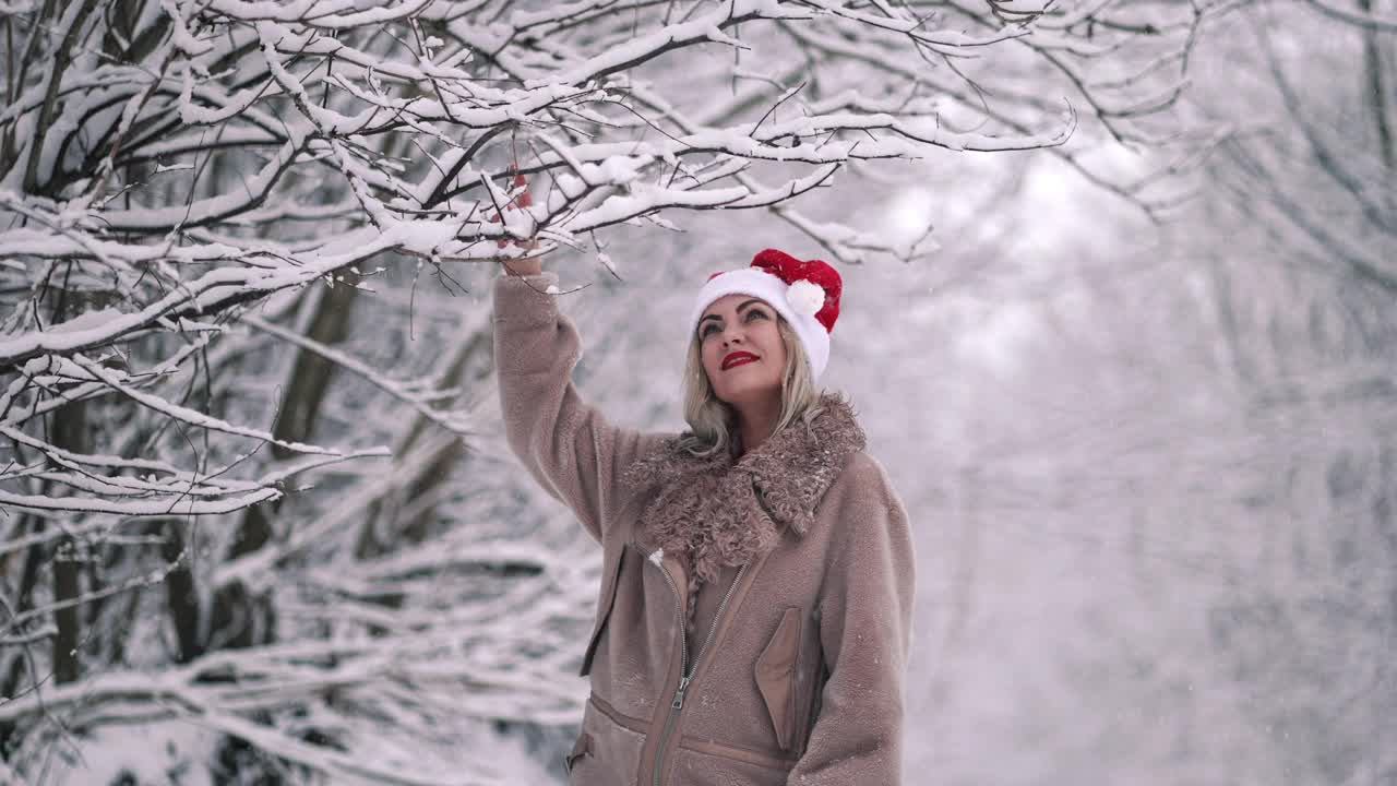 快乐可爱的女人戴着圣诞老人的帽子拉上树枝，雪花飞在她的身上，她快乐地欢庆冬天和寒冷的天气。缓慢的运动。视频素材