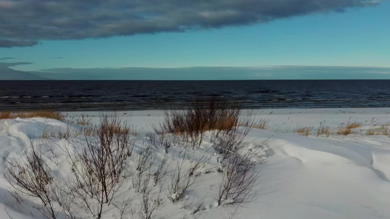 鸟瞰图在波罗的海，冬季景观在阳光明媚的日子海边视频素材