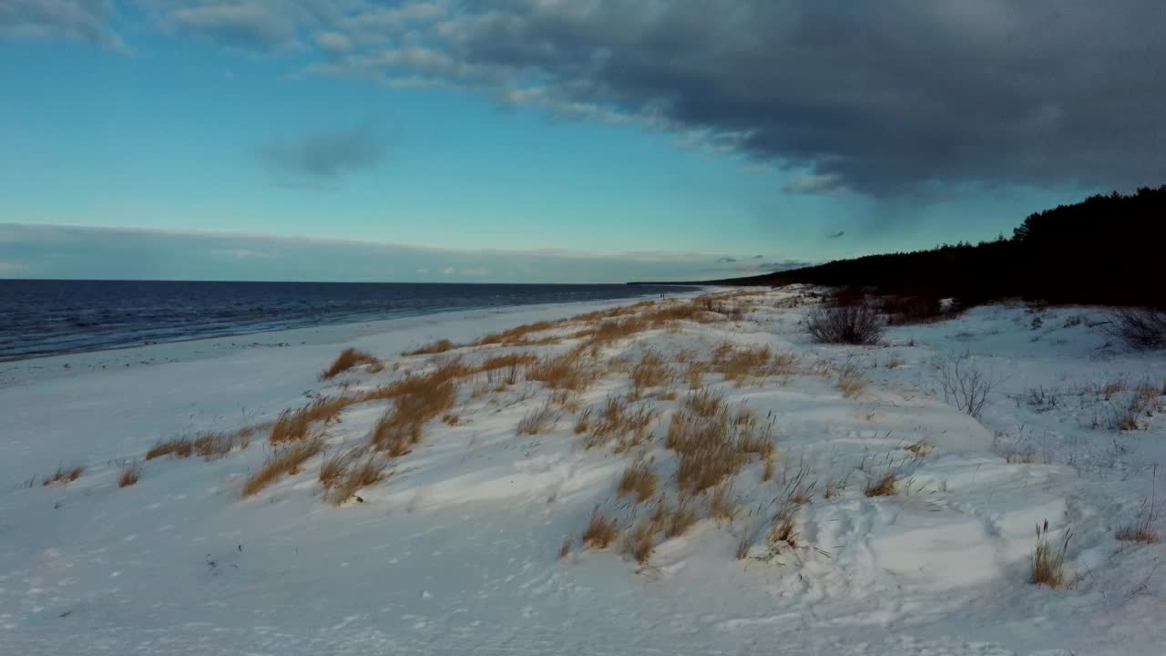 鸟瞰图在波罗的海，冬季景观在阳光明媚的日子海边。冬天下雪的海滩。视频素材