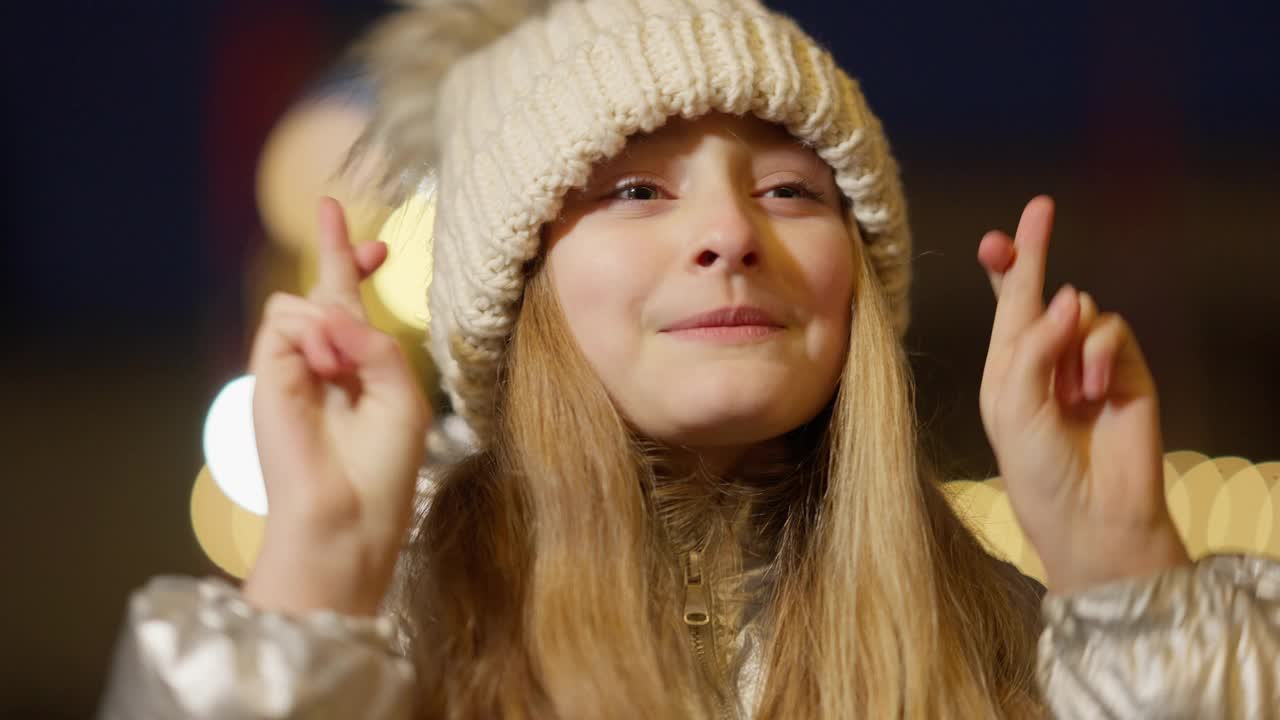 特写希望可爱的女孩与交叉手指在户外与圣诞灯的背景。一幅白人小孩在除夕向圣诞老人祈求奇迹的肖像。童年的梦想视频素材