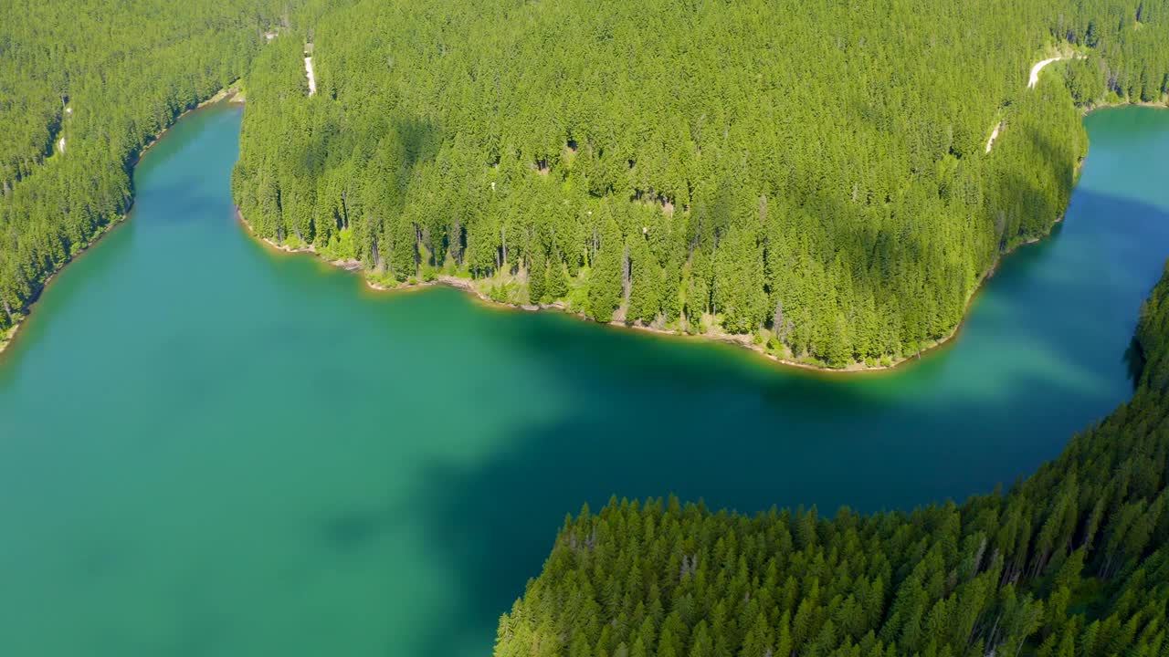 绿松石水在山上森林湖泊与松树。蓝色的湖泊和绿色的森林鸟瞰图。观湖间山林。越过晶莹剔透的高山湖水。淡水视频素材