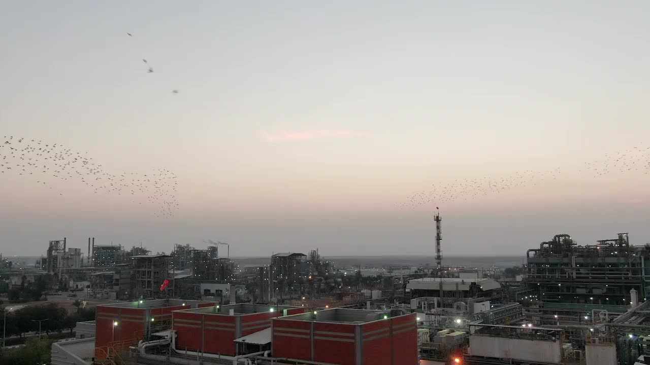 慢镜头鸟瞰图-以色列南部沙漠中，数千只椋鸟(Sturnus vulgaris)飞向烟囱里冒着烟的工厂视频素材