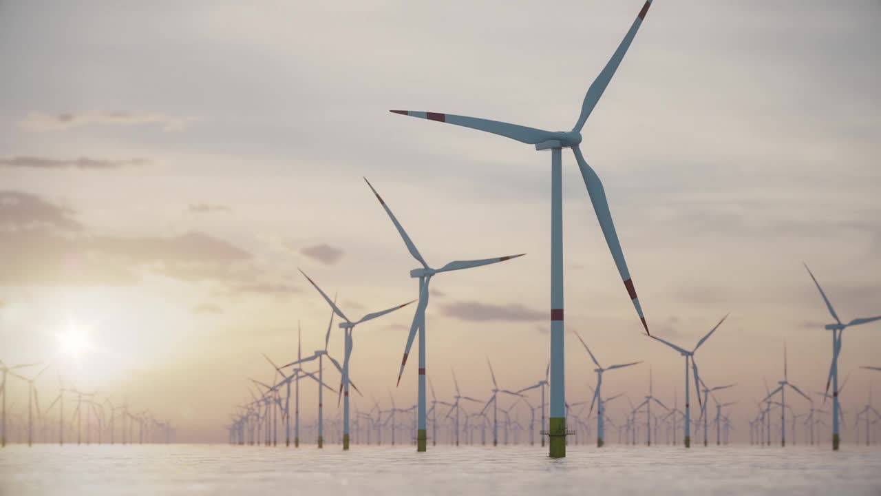 大型海上风力发电场或风力公园在海上对抗低太阳视频素材