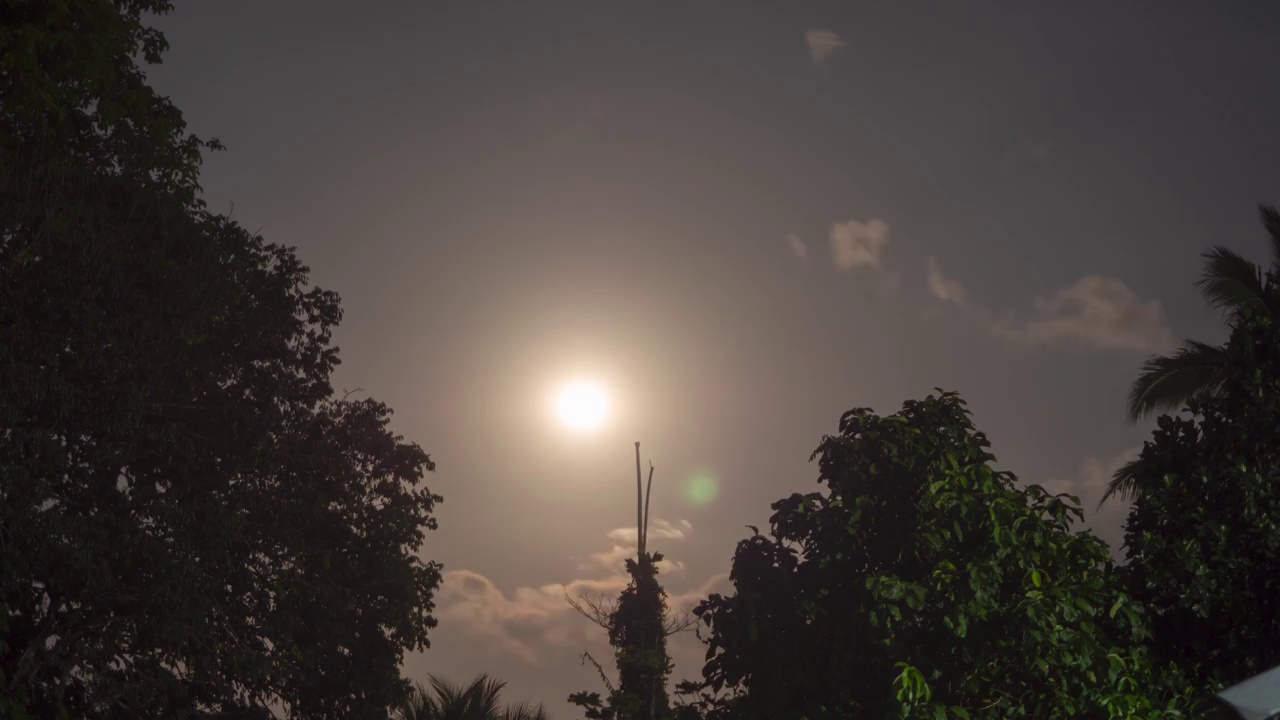 美丽明亮的满月之夜。夜空cloudscape。月光来自晴朗的天空，黑暗的风景，剪影树与月光照耀在云。Cloudscape背景镜头延时。视频素材