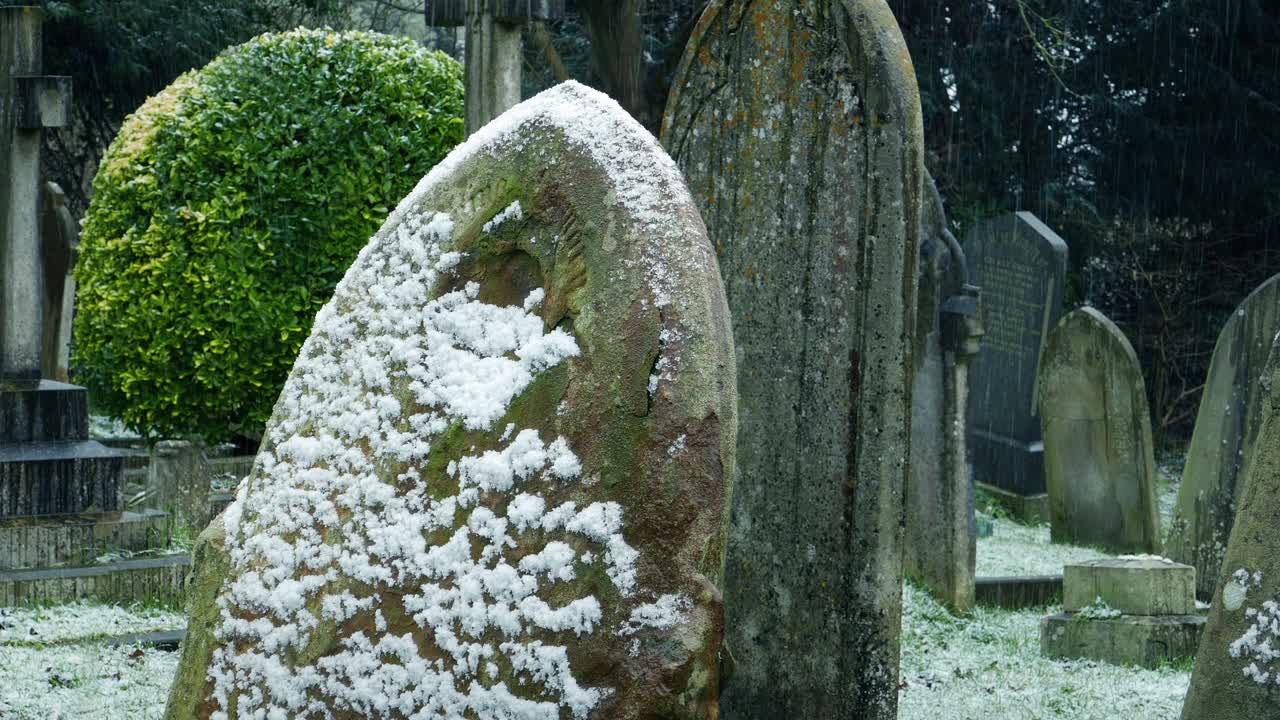 潘穿过积雪的墓地视频素材