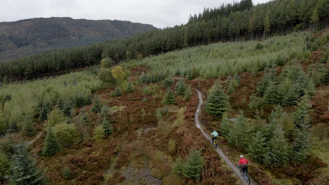 头顶上的无人机视图，两个山地自行车沿着森林自行车道骑行视频素材