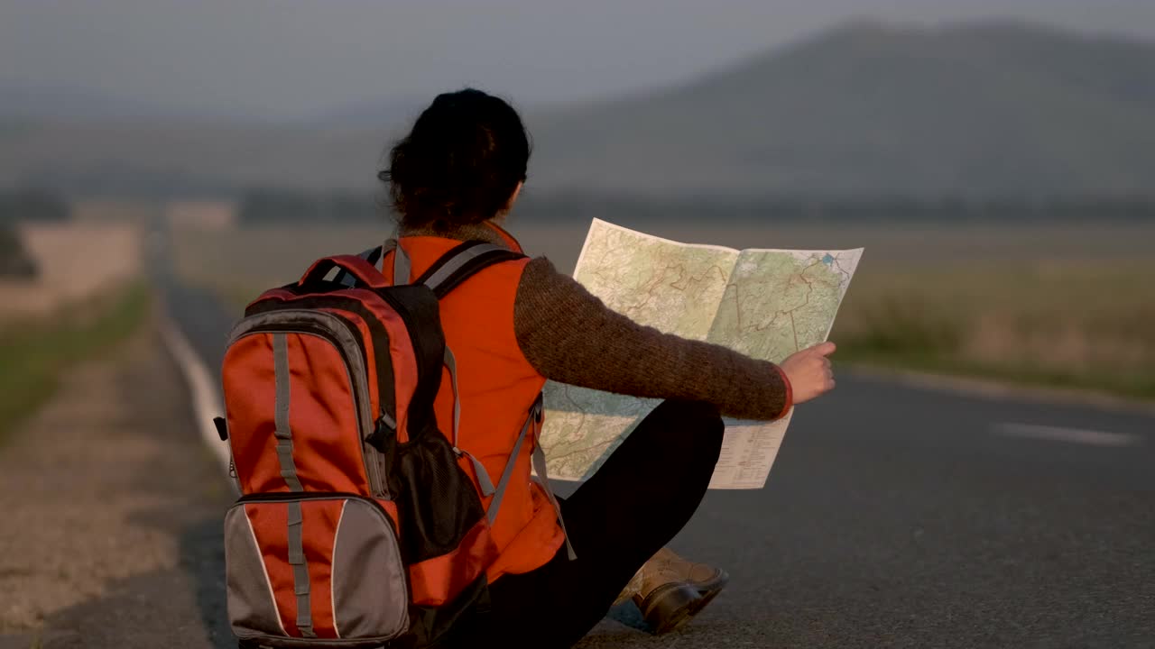 旅行者女人女孩坐在背包看地图在夏天的道路与过往的汽车视频素材