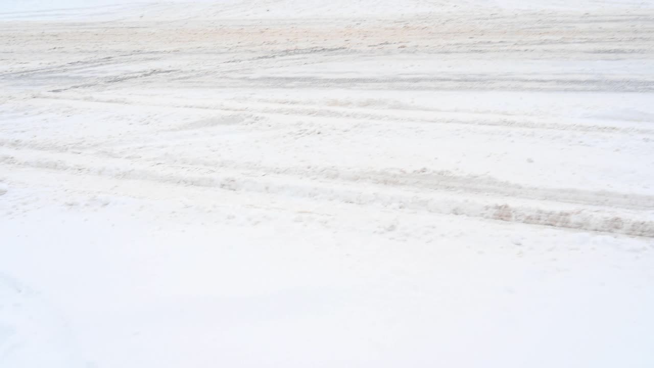 一辆带有拖车的重型卡车，在冬季伴有强风的暴风雪中行驶在覆盖着积雪的县道上。Bandenburg。德国视频素材