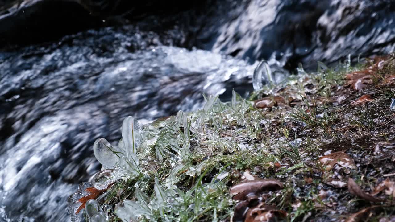 河上冰柱融化，水流湍急视频素材