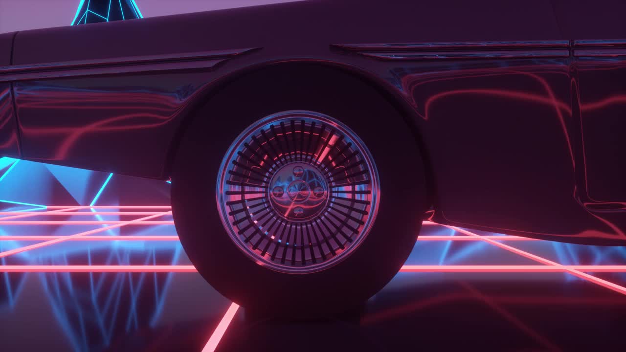 Retrowave VJ景观，汽车，霓虹灯和低多边形地形网格。未来的汽车车轮近视频素材