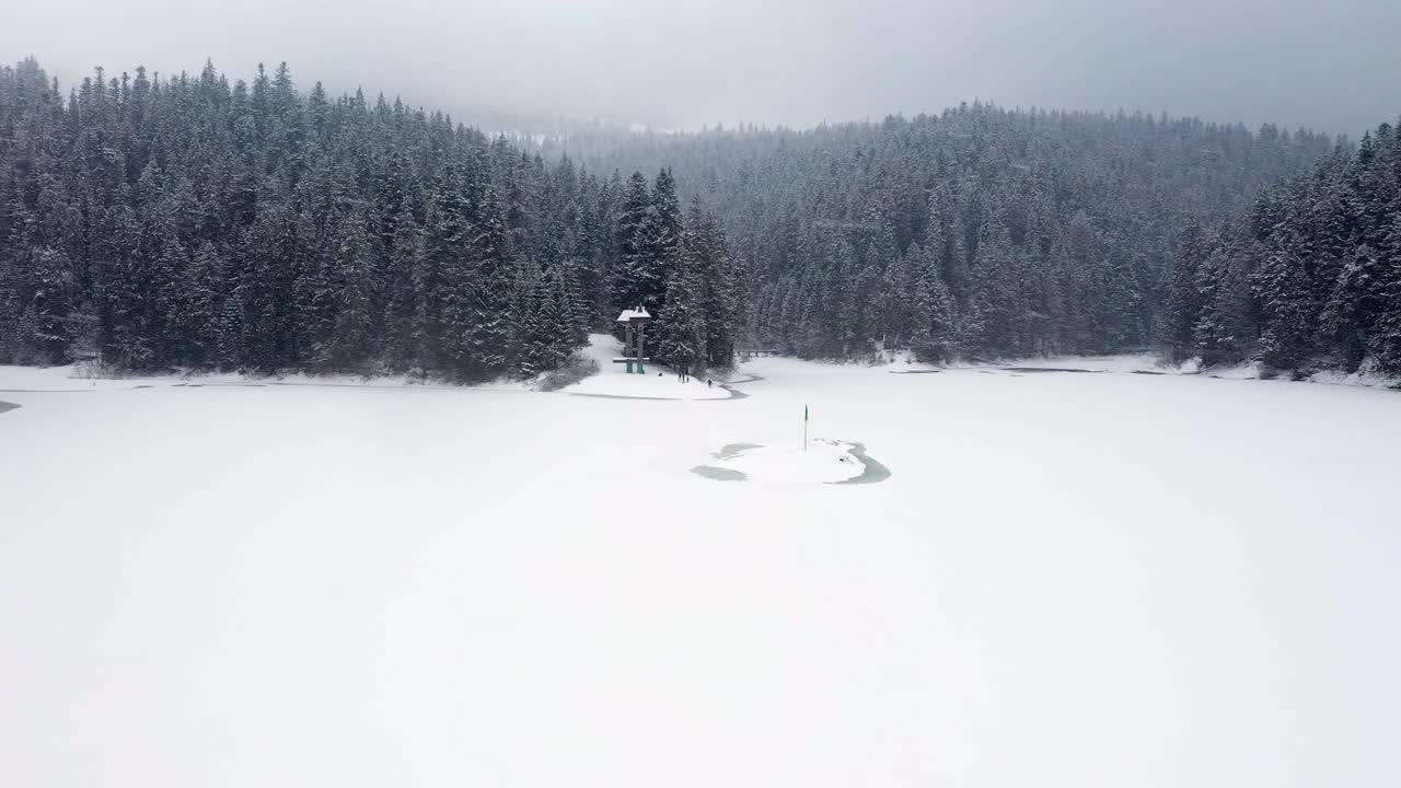 鸟瞰图冰冻森林与冰雪覆盖的湖在冬季在喀尔巴阡山脉视频素材