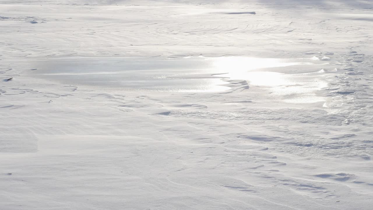 冰冷的河面上覆盖着积雪，冬天寒冷，冬天背景。雪暴风雪。视频素材