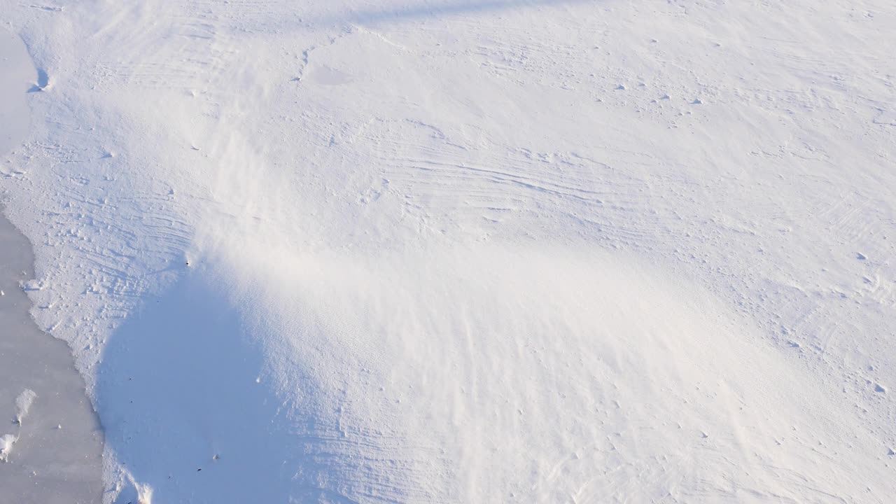 美丽的雪暴风雪，从上面看冰冷的河流，冬天的寒冷，冬天的风景。视频素材