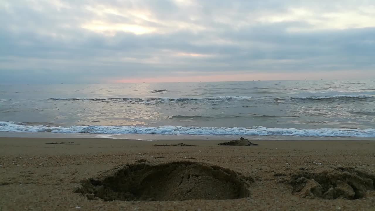 贝壳在海滩。海滩上的贝壳摄影。海滩上的贝壳。蓝色的大海，海浪和海滩。碧波荡漾，碧波荡漾。蓝色阳光明媚的海滩视频素材